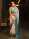 Banarasee Handwoven Semi Silk Plain Saree With Zari Contrast Border-White & Blue