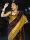 Banarasee Handloom Semi Silk Saree With Checks Pattern & Contrast Border-Wine & Mustard Yellow