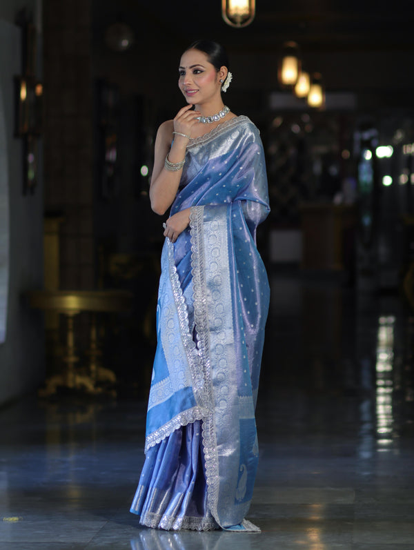 Banarasee Handloom Tissue Saree With Zari Buti Design Border & Lace-Pastel Blue