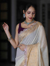 Banarasee Dual Color Pure Linen Saree With Zari Border & Lace-Off White & Violet