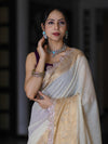 Banarasee Dual Color Pure Linen Saree With Zari Border & Lace-Off White & Violet