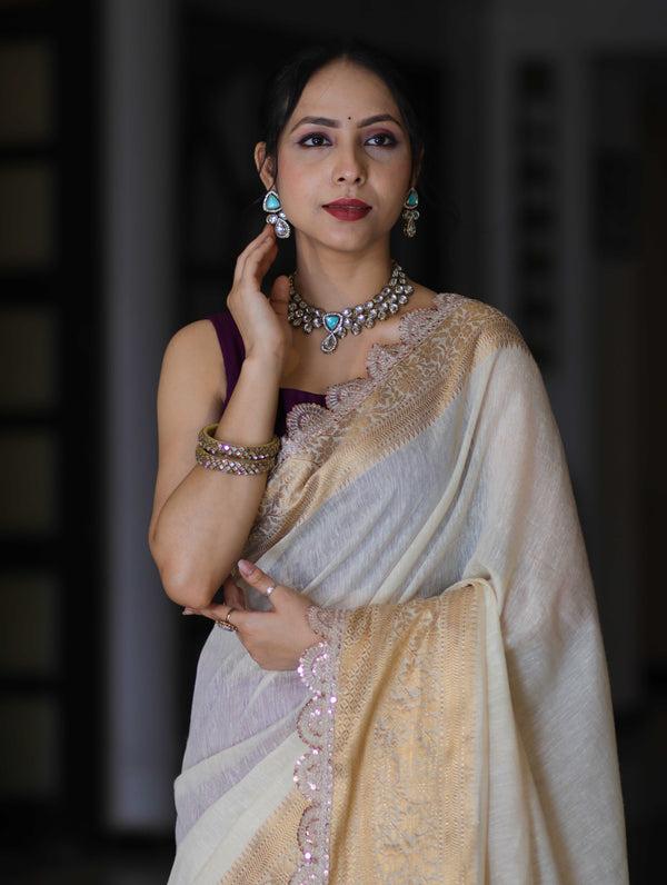 Banarasee Dual Color Pure Linen Saree With Zari Border & Lace-Off White & Violet