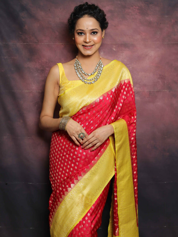 Banarasee Semi-Katan Zari Buta & Contrast Border Saree-Red & Yellow