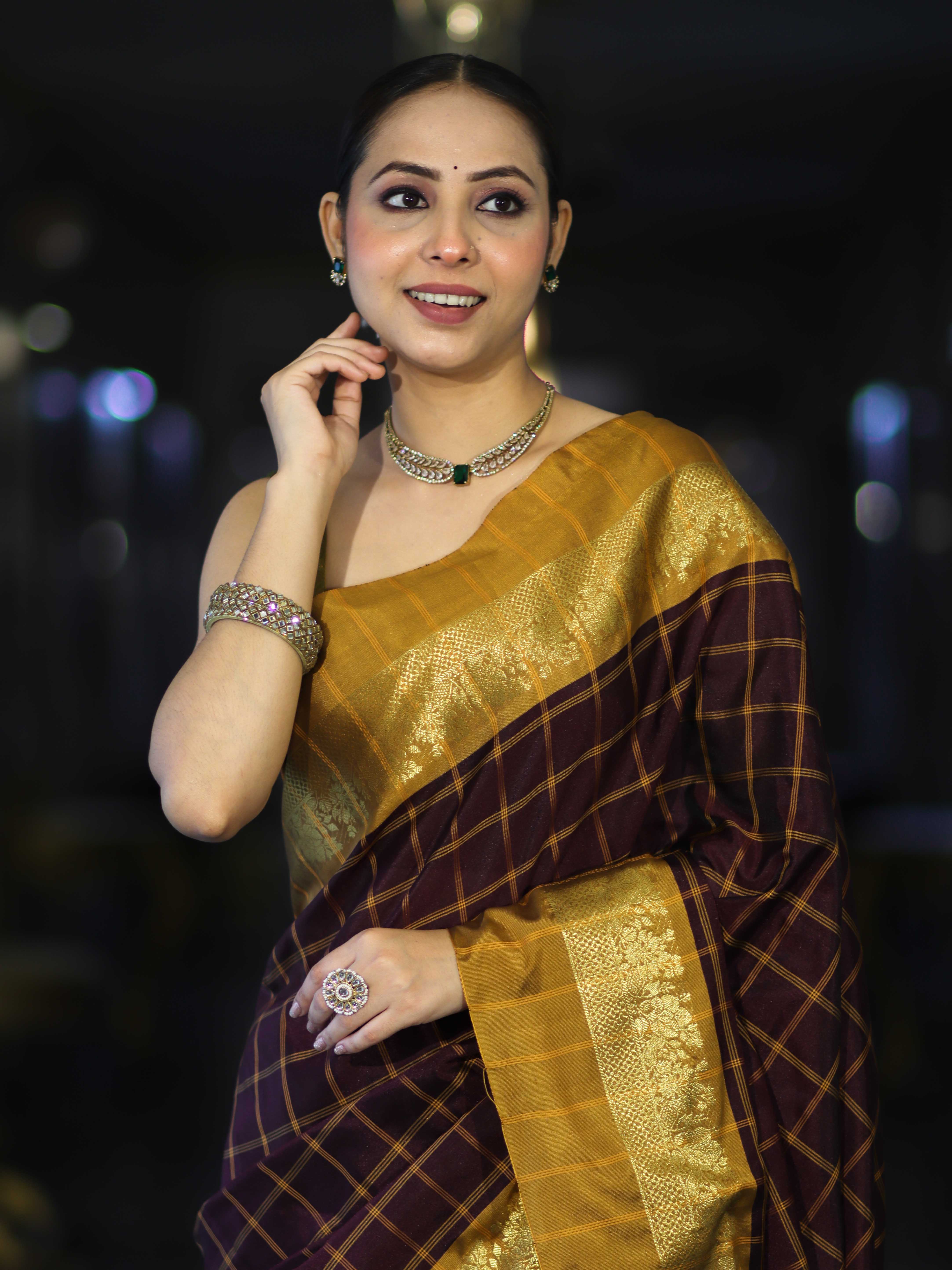 Banarasee Handloom Semi Silk Saree With Checks Pattern & Contrast Border-Wine & Mustard Yellow