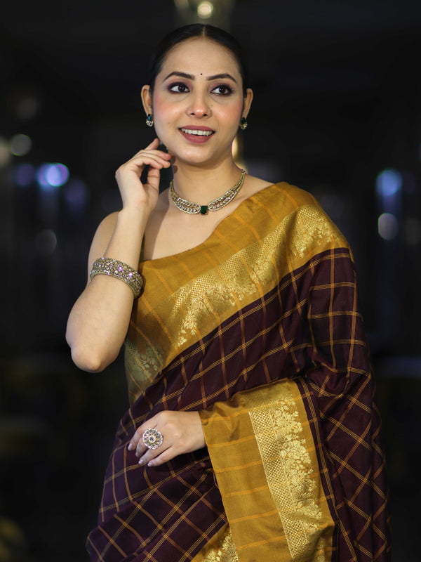Banarasee Handloom Semi Silk Saree With Checks Pattern & Contrast Border-Wine & Mustard Yellow