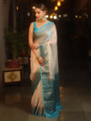 Banarasee Handwoven Semi Silk Plain Saree With Zari Contrast Border-White & Blue