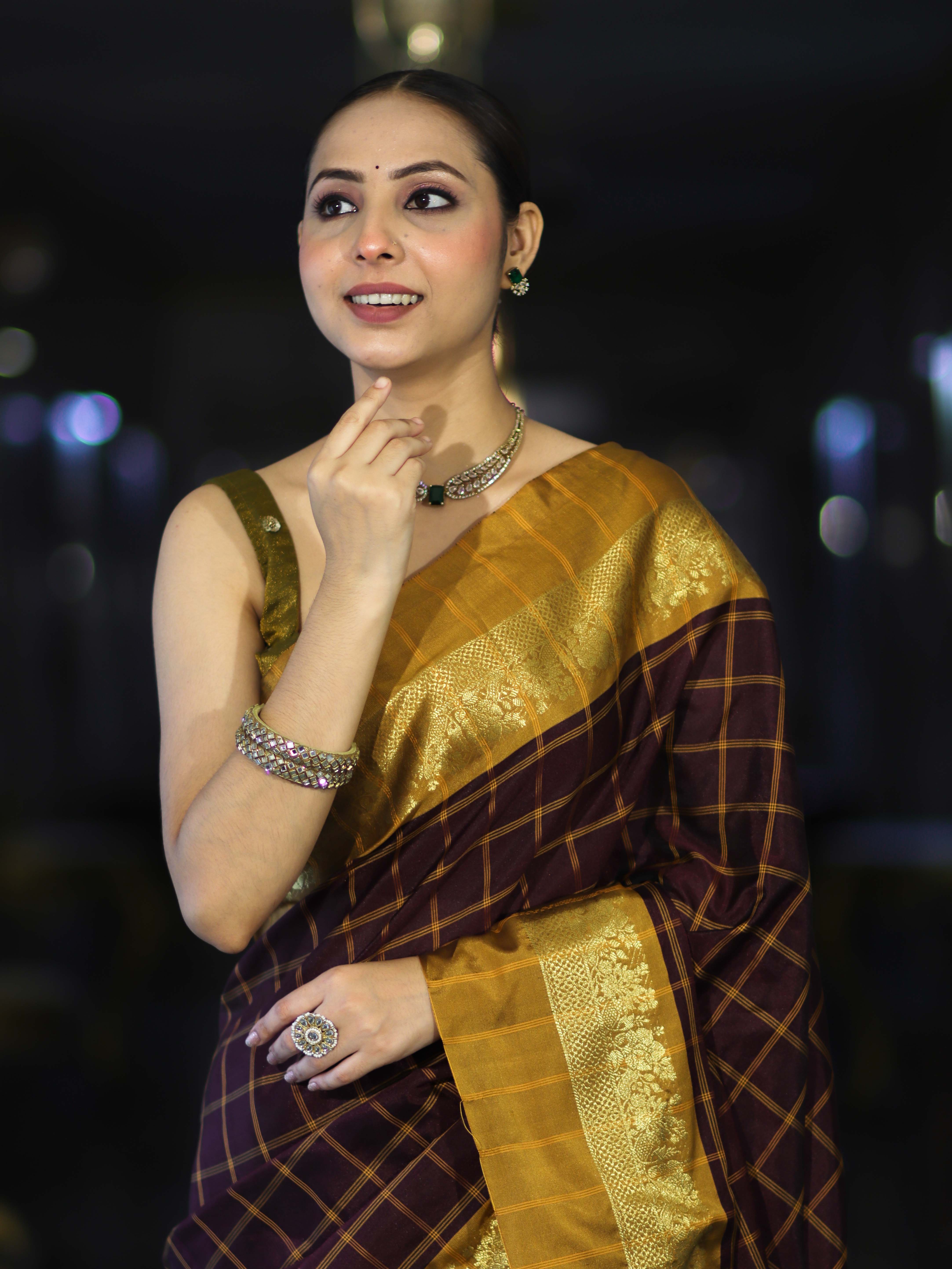 Banarasee Handloom Semi Silk Saree With Checks Pattern & Contrast Border-Wine & Mustard Yellow