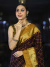 Banarasee Handloom Semi Silk Saree With Checks Pattern & Contrast Border-Wine & Mustard Yellow