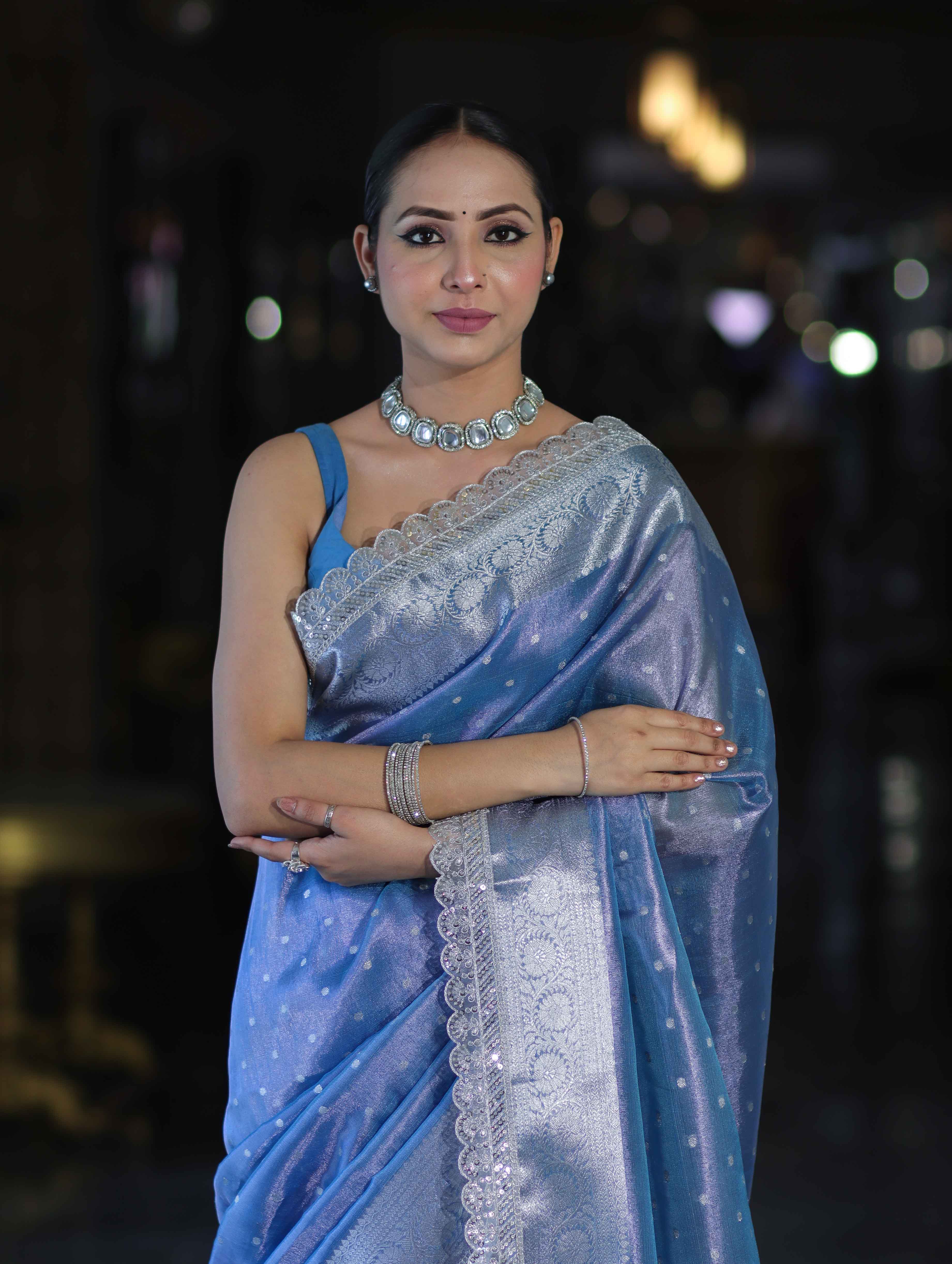 Banarasee Handloom Tissue Saree With Zari Buti Design Border & Lace-Pastel Blue