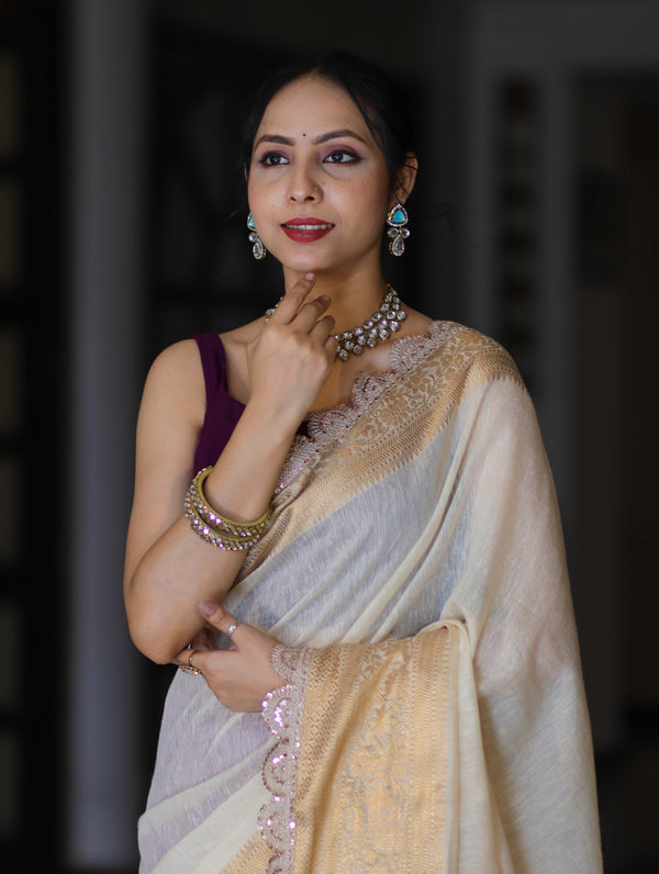 Banarasee Dual Color Pure Linen Saree With Zari Border & Lace-Off White & Violet