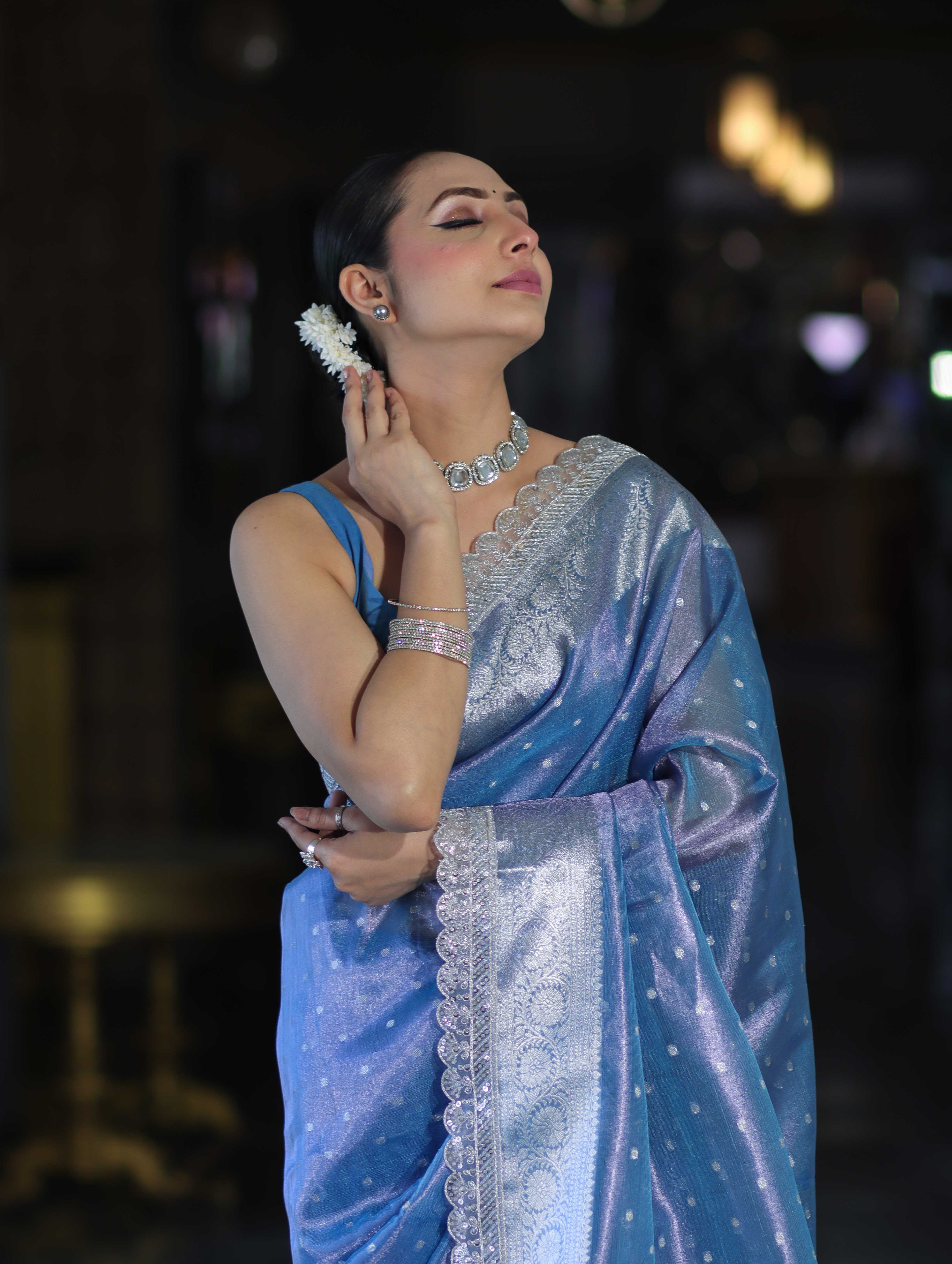 Banarasee Handloom Tissue Saree With Zari Buti Design Border & Lace-Pastel Blue