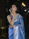 Banarasee Handloom Tissue Saree With Zari Buti Design Border & Lace-Pastel Blue