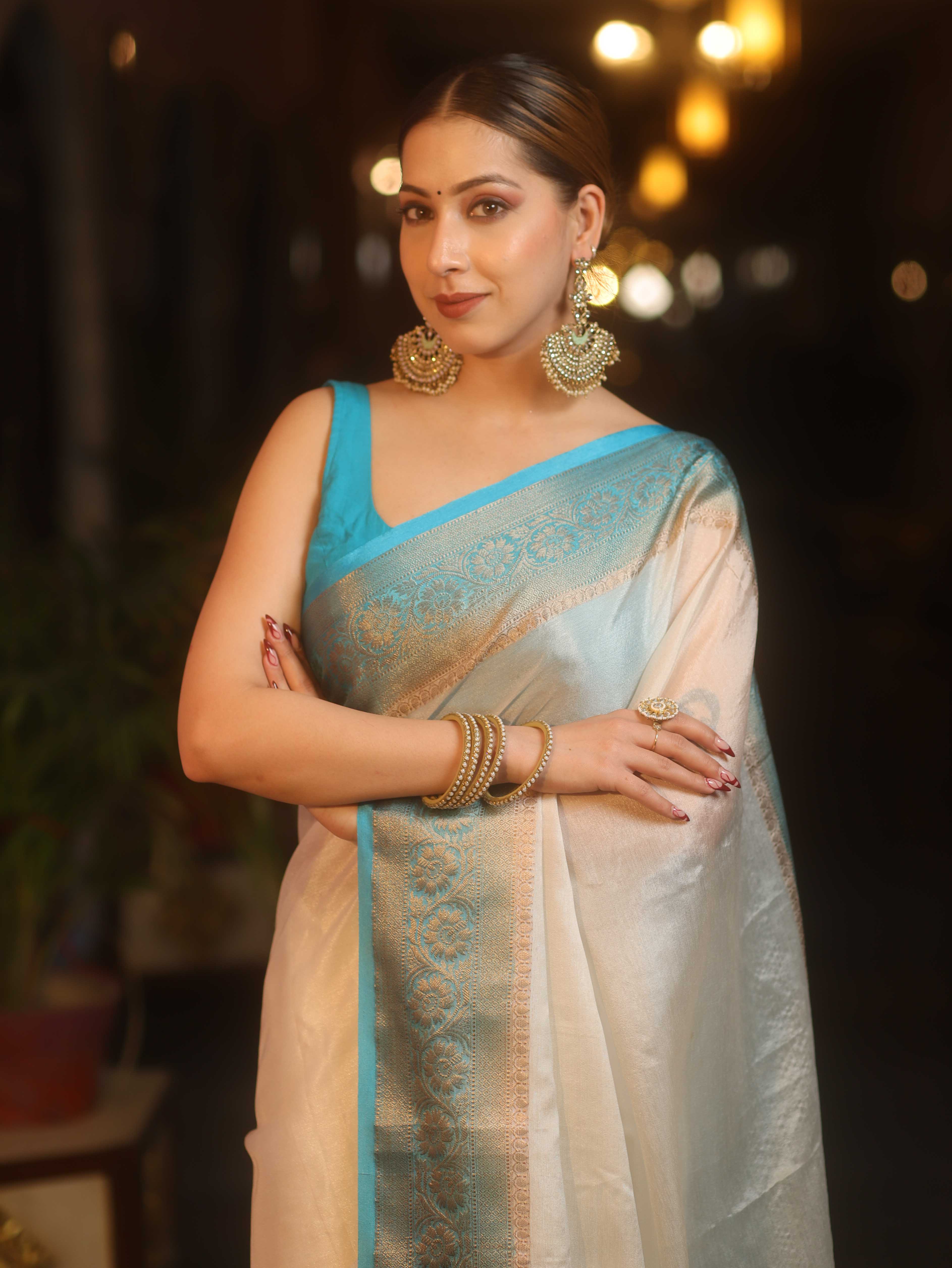 Banarasee Handwoven Semi Silk Plain Saree With Zari Contrast Border-White & Blue