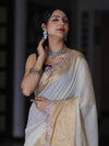 Banarasee Dual Color Pure Linen Saree With Zari Border & Lace-Off White & Violet
