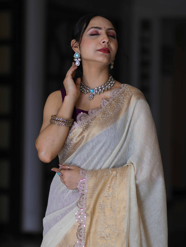 Banarasee Dual Color Pure Linen Saree With Zari Border & Lace-Off White & Violet