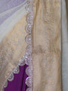 Banarasee Dual Color Pure Linen Saree With Zari Border & Lace-Off White & Violet