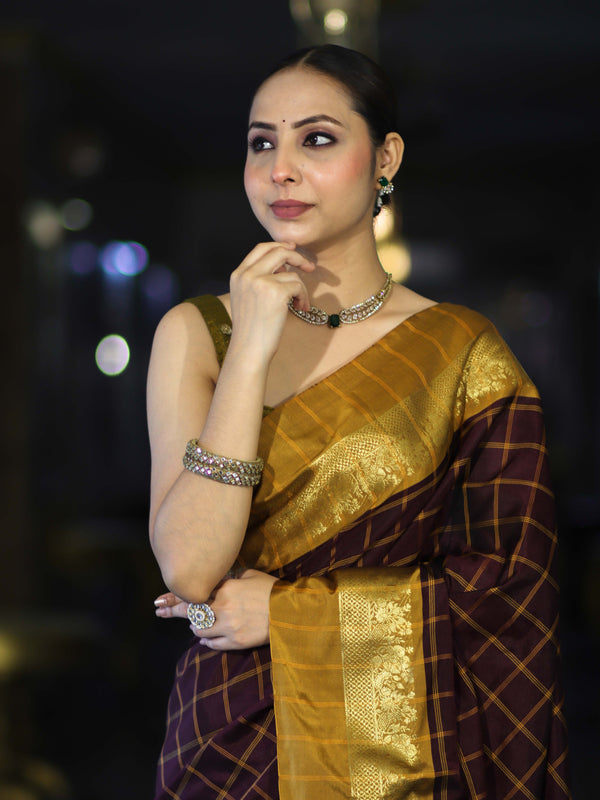 Banarasee Handloom Semi Silk Saree With Checks Pattern & Contrast Border-Wine & Mustard Yellow