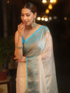 Banarasee Handwoven Semi Silk Plain Saree With Zari Contrast Border-White & Blue