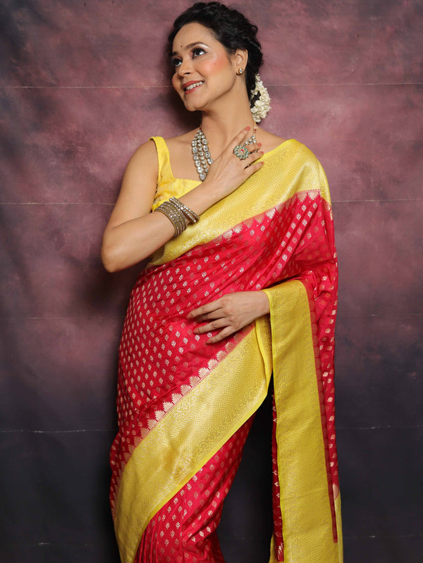 Banarasee Semi-Katan Zari Buta & Contrast Border Saree-Red & Yellow