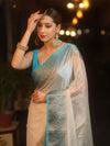 Banarasee Handwoven Semi Silk Plain Saree With Zari Contrast Border-White & Blue