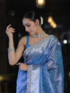 Banarasee Handloom Tissue Saree With Zari Buti Design Border & Lace-Pastel Blue