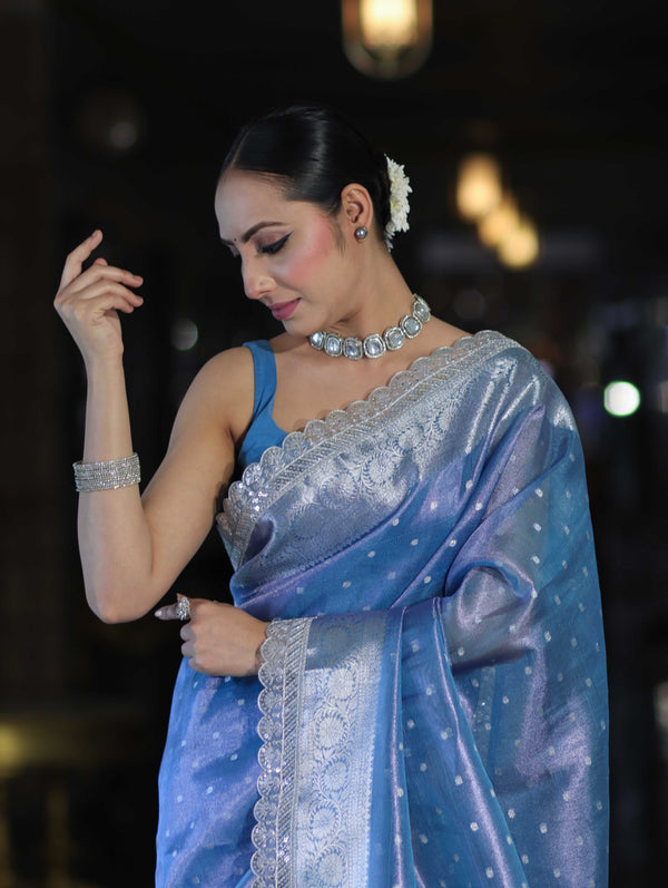 Banarasee Handloom Tissue Saree With Zari Buti Design Border & Lace-Pastel Blue