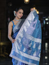 Banarasee Handloom Tissue Saree With Zari Buti Design Border & Lace-Pastel Blue