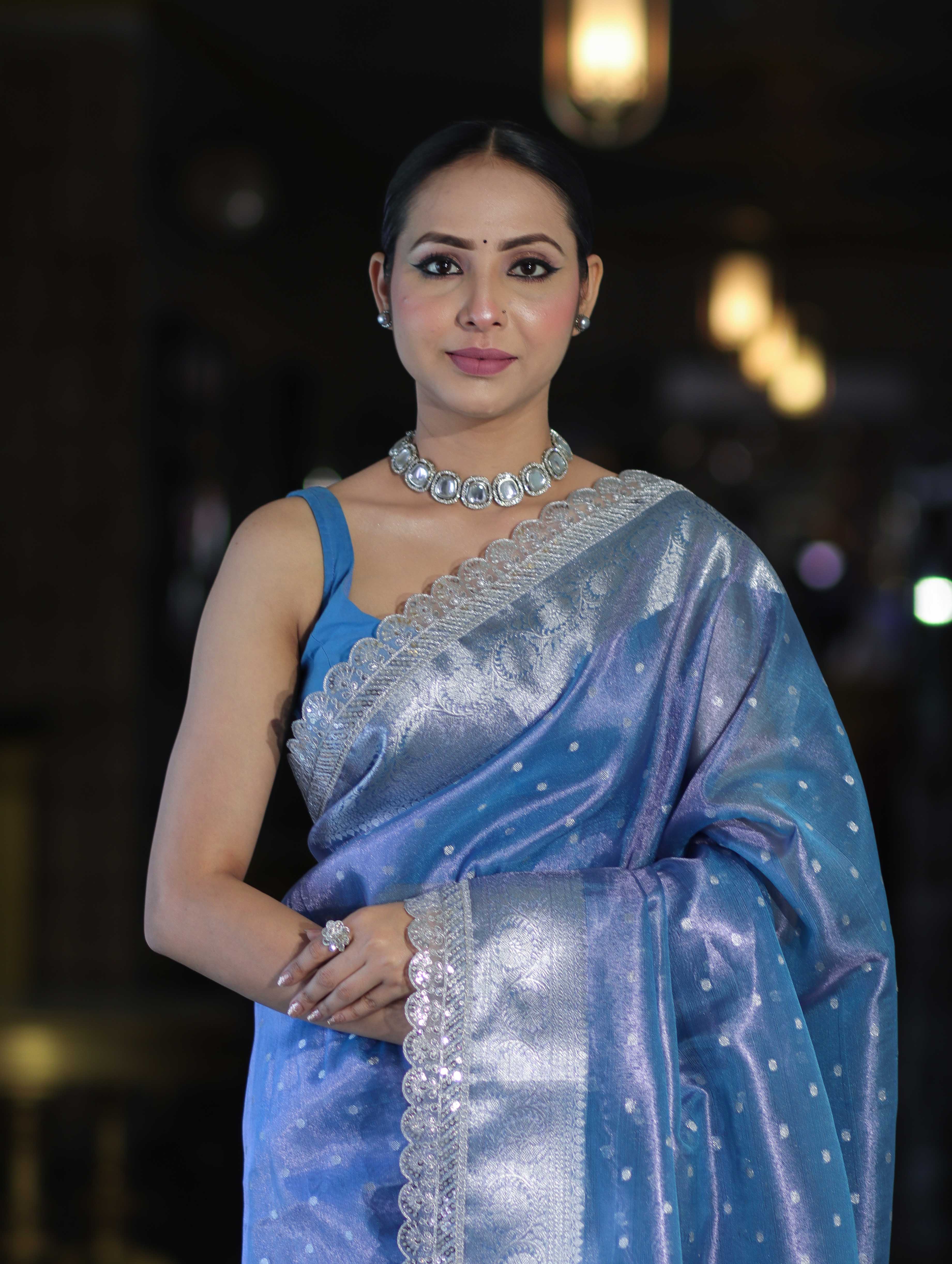 Banarasee Handloom Tissue Saree With Zari Buti Design Border & Lace-Pastel Blue