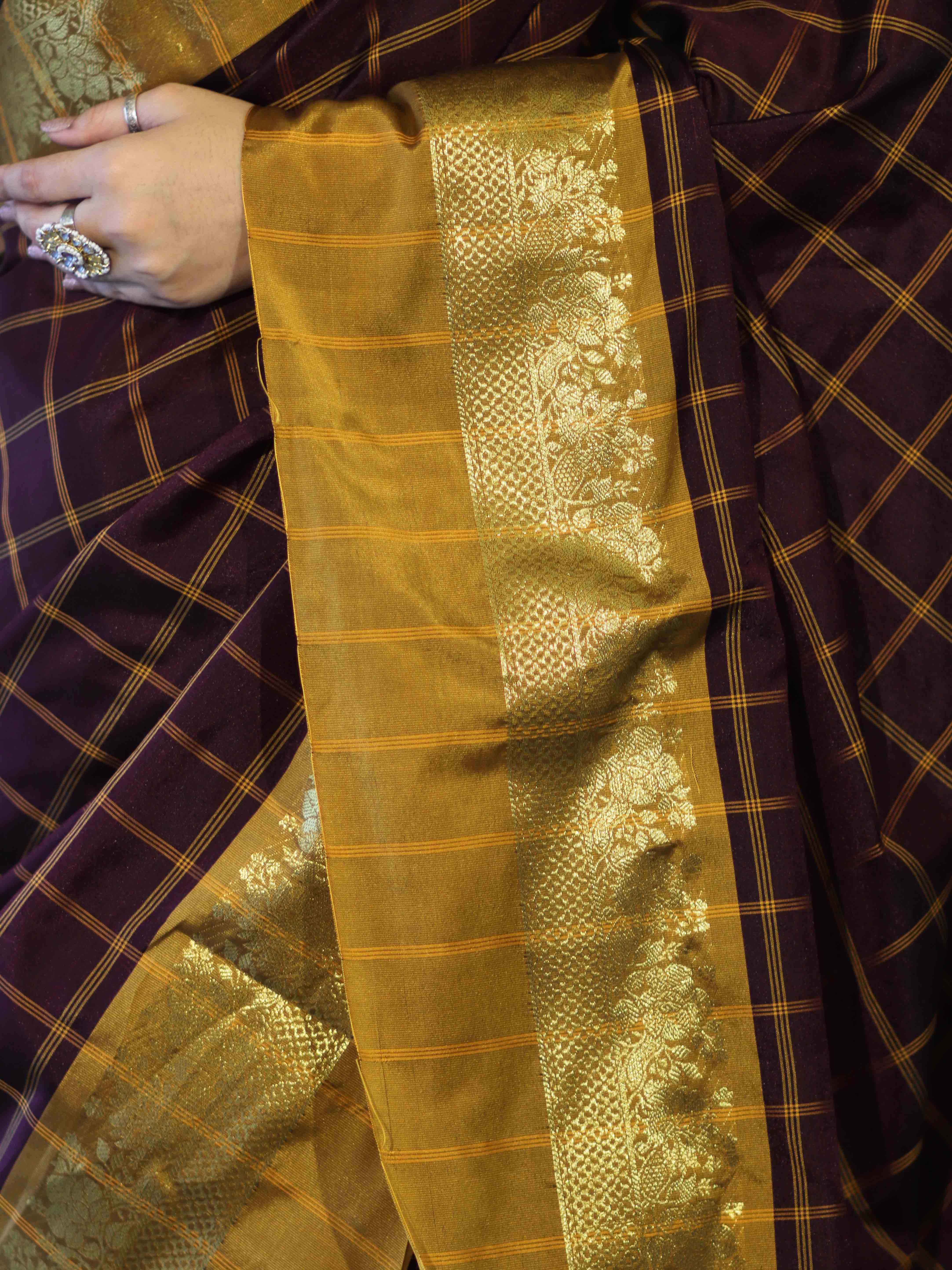 Banarasee Handloom Semi Silk Saree With Checks Pattern & Contrast Border-Wine & Mustard Yellow