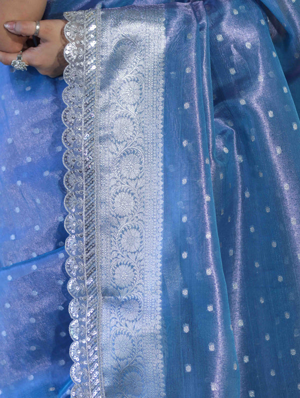 Banarasee Handloom Tissue Saree With Zari Buti Design Border & Lace-Pastel Blue