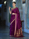 Banarasee Mashru Silk Saree With Zari Motifs & Floral Border-Deep Magenta