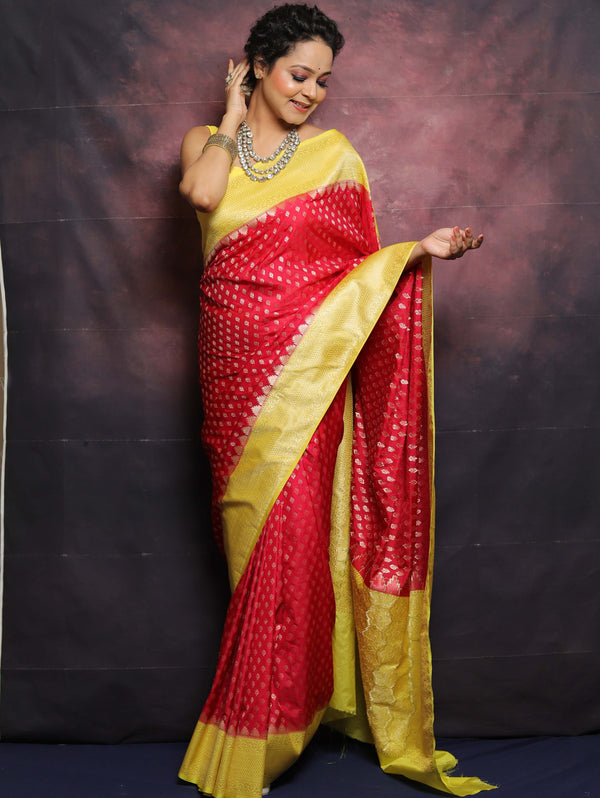 Banarasee Semi-Katan Zari Buta & Contrast Border Saree-Red & Yellow