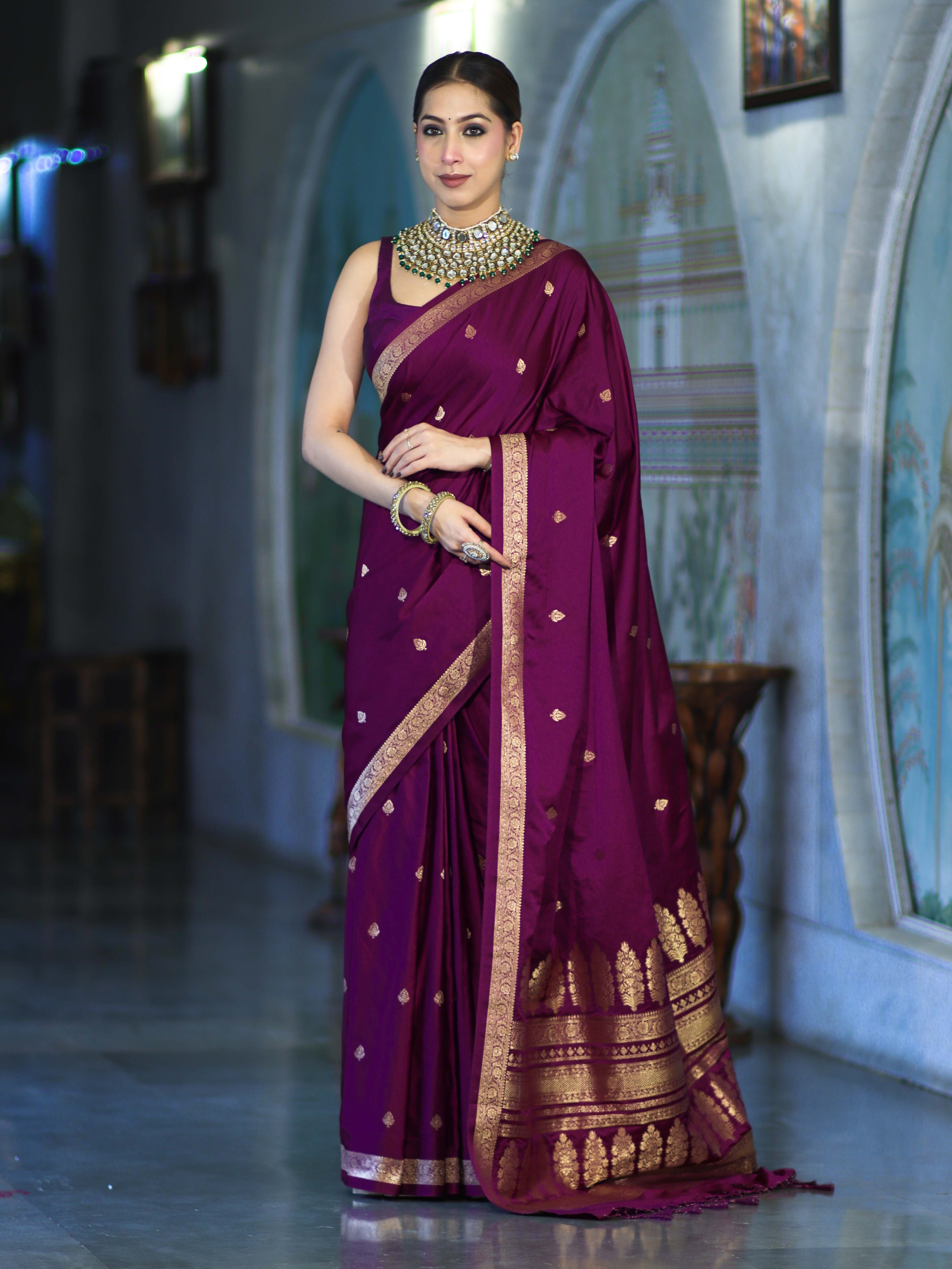 Banarasee Mashru Silk Saree With Zari Motifs & Floral Border-Deep Magenta