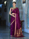Banarasee Mashru Silk Saree With Zari Motifs & Floral Border-Deep Magenta