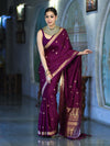 Banarasee Mashru Silk Saree With Zari Motifs & Floral Border-Deep Magenta
