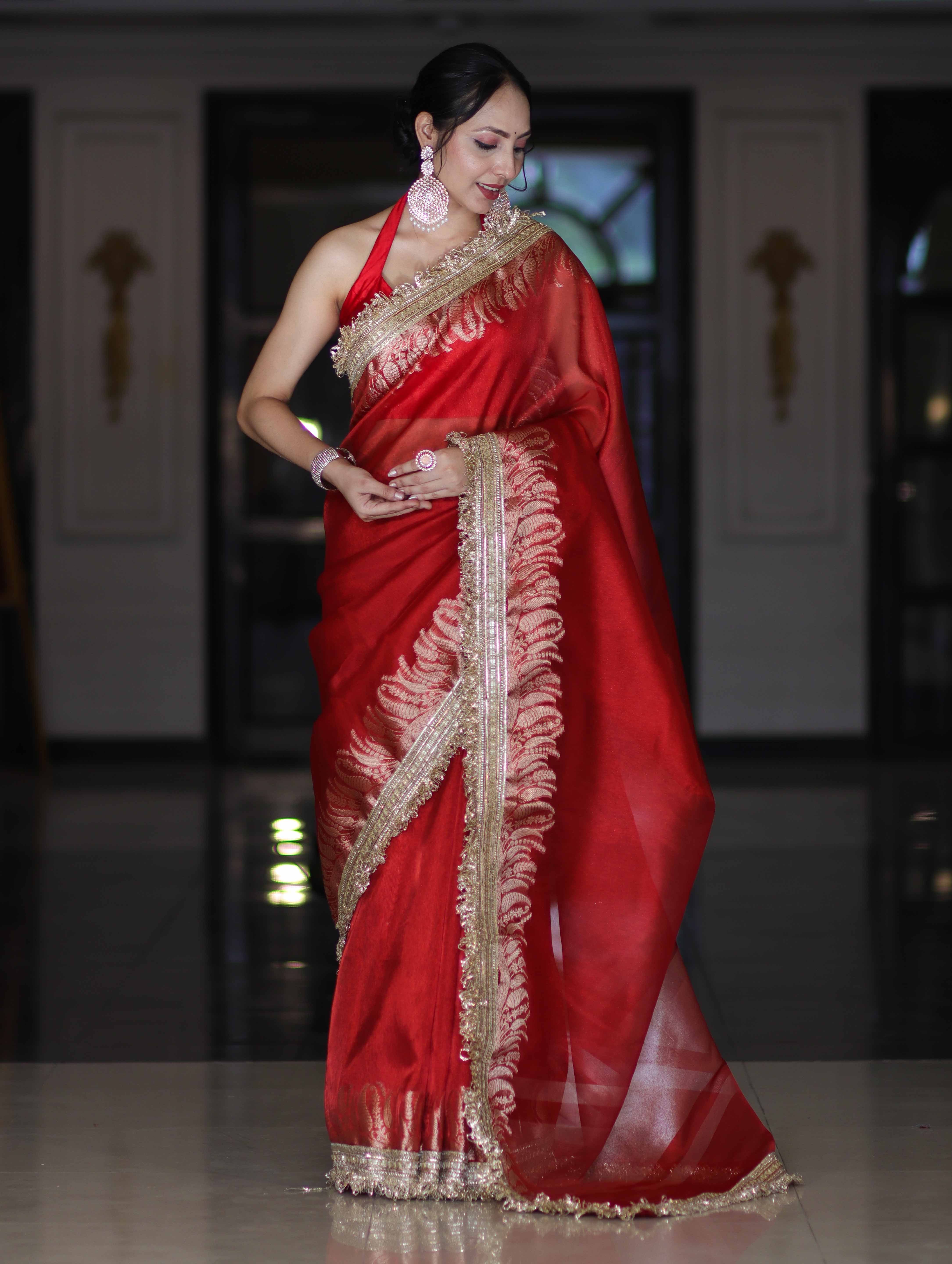 Banarasee Handloom Plain Tissue Saree With Zari Border & Lace-Red