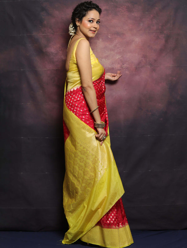 Banarasee Semi-Katan Zari Buta & Contrast Border Saree-Red & Yellow