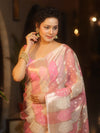 Banarasee Organza Saree With Zari Buti & Rangkat Design-Pink & White