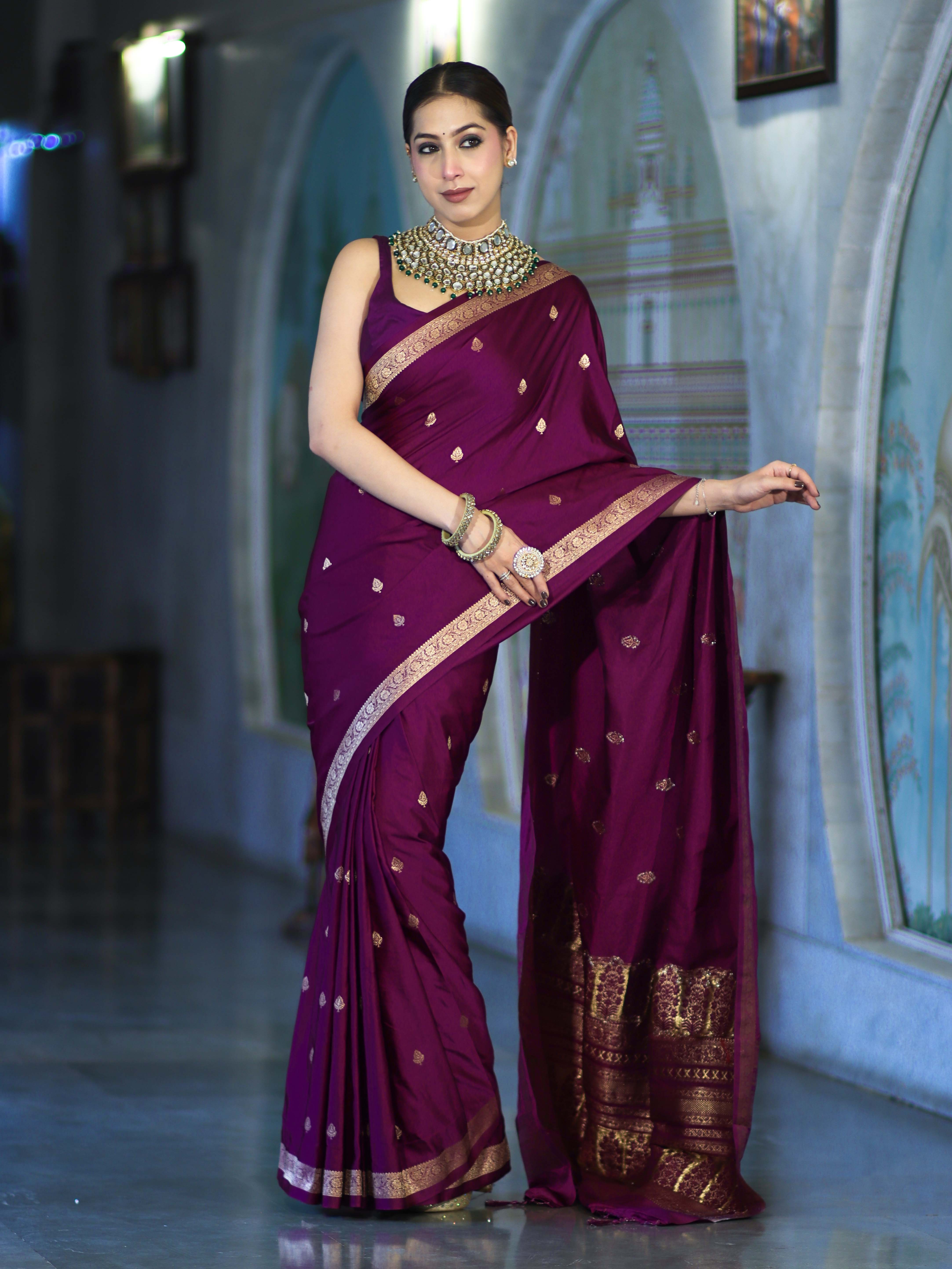 Banarasee Mashru Silk Saree With Zari Motifs & Floral Border-Deep Magenta