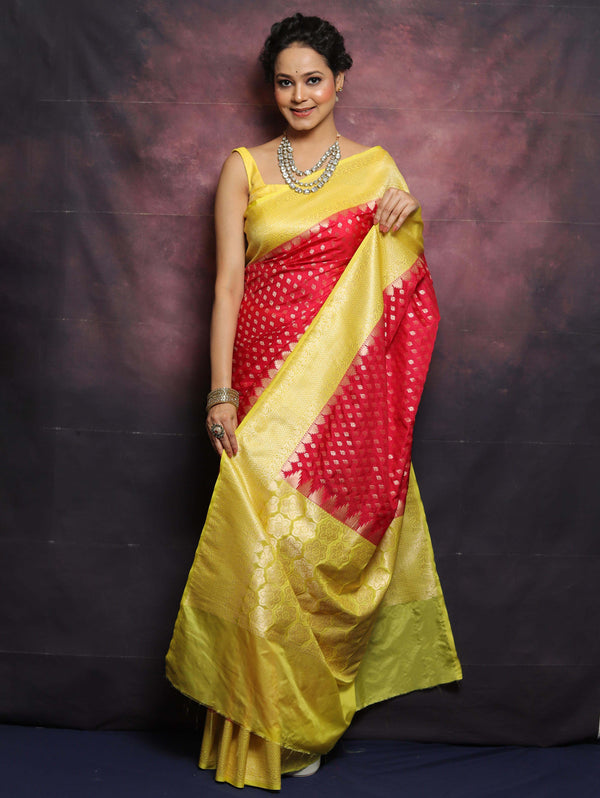 Banarasee Semi-Katan Zari Buta & Contrast Border Saree-Red & Yellow