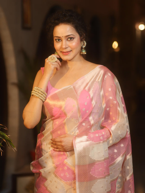 Banarasee Organza Saree With Zari Buti & Rangkat Design-Pink & White