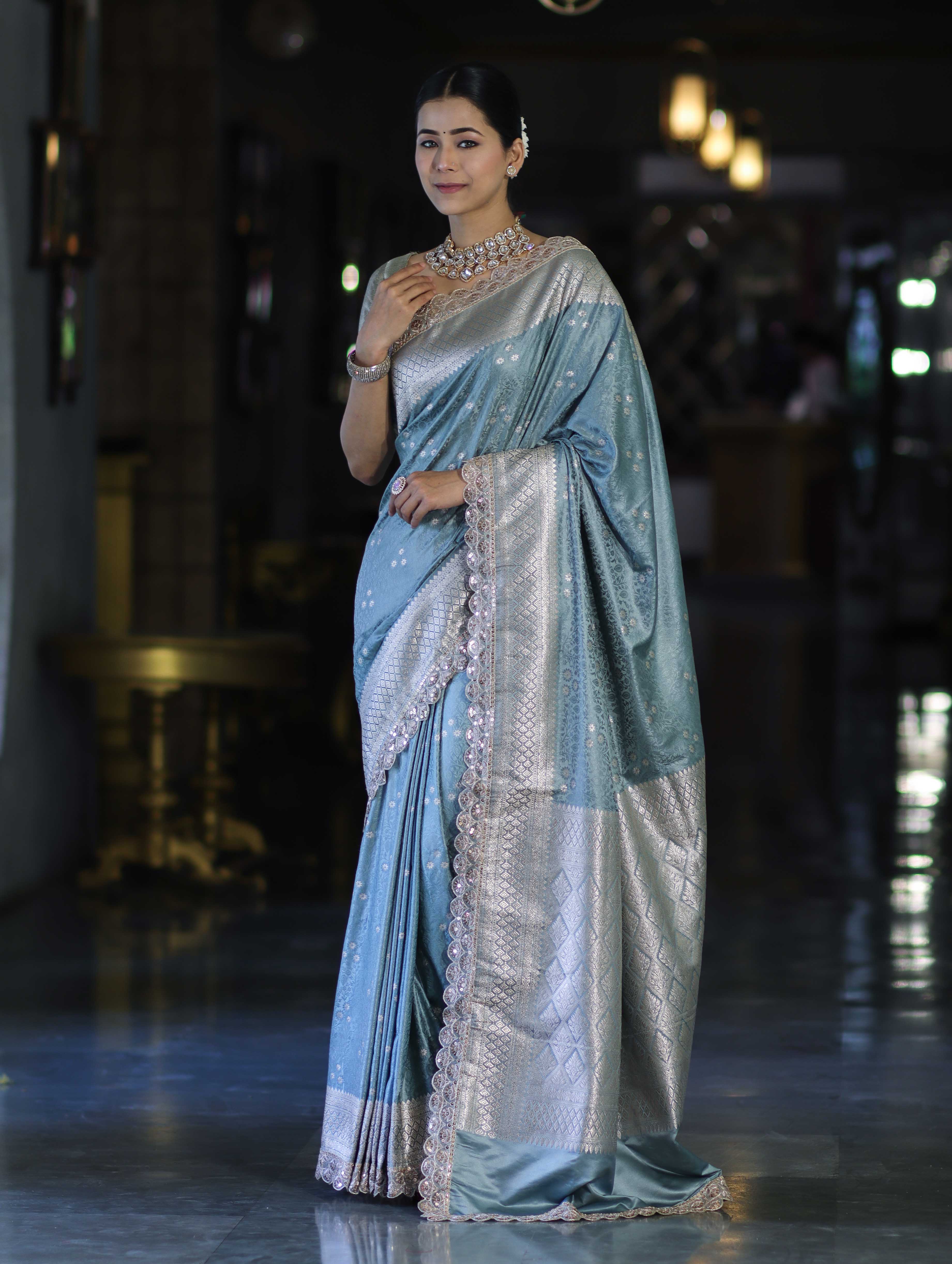 Banarasee Handloom Mashru Silk Saree With Tanchoi Work & Lace Border-Dusty Blue