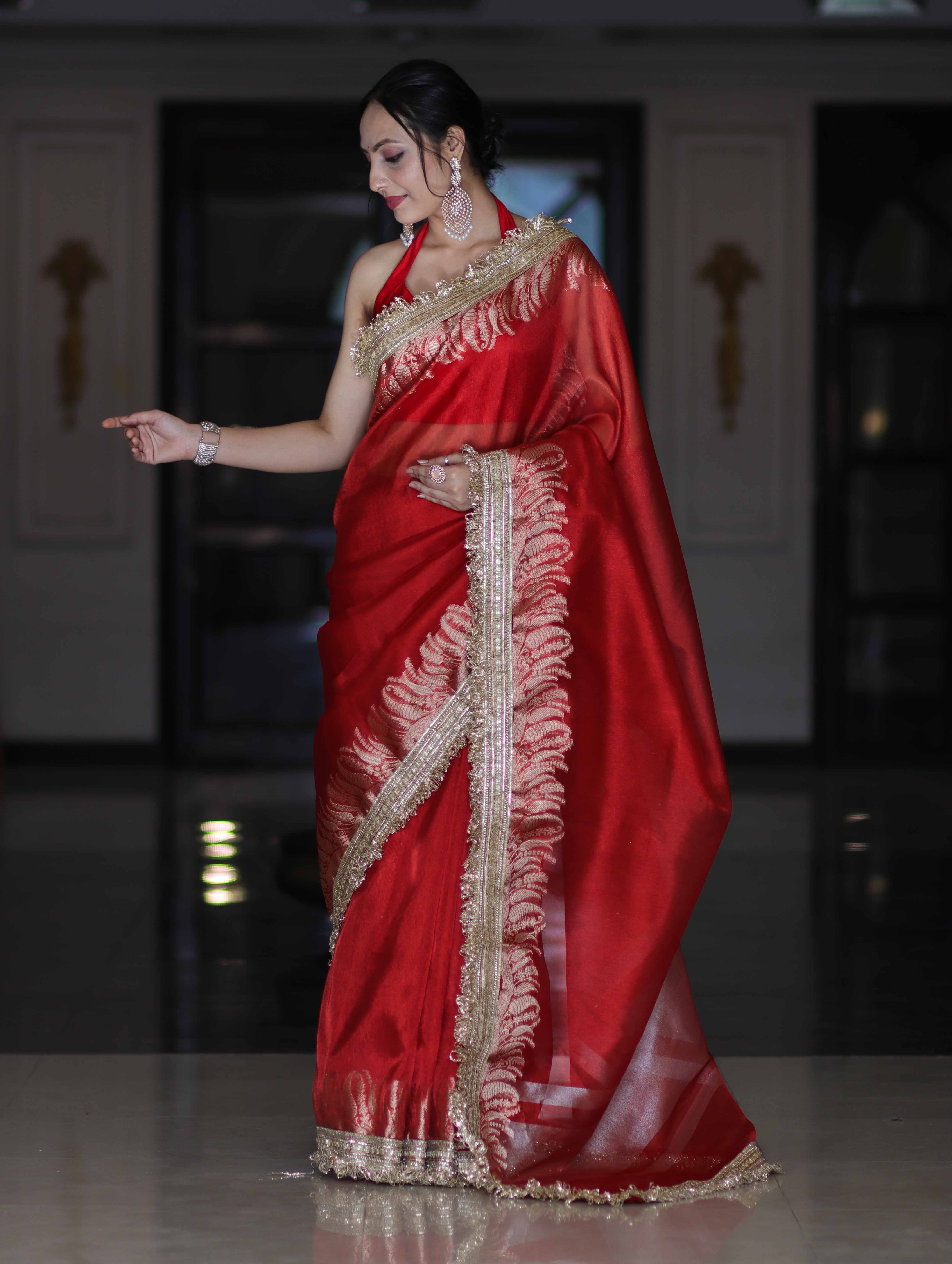 Banarasee Handloom Plain Tissue Saree With Zari Border & Lace-Red