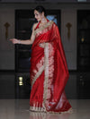 Banarasee Handloom Plain Tissue Saree With Zari Border & Lace-Red