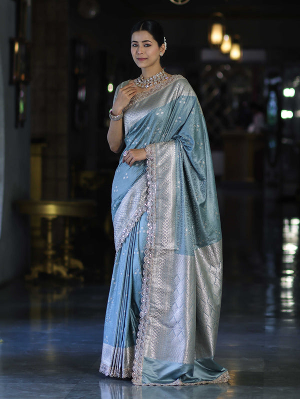 Banarasee Handloom Mashru Silk Saree With Tanchoi Work & Lace Border-Dusty Blue