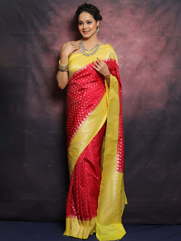 Banarasee Semi-Katan Zari Buta & Contrast Border Saree-Red & Yellow