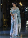 Banarasee Handloom Mashru Silk Saree With Tanchoi Work & Lace Border-Dusty Blue