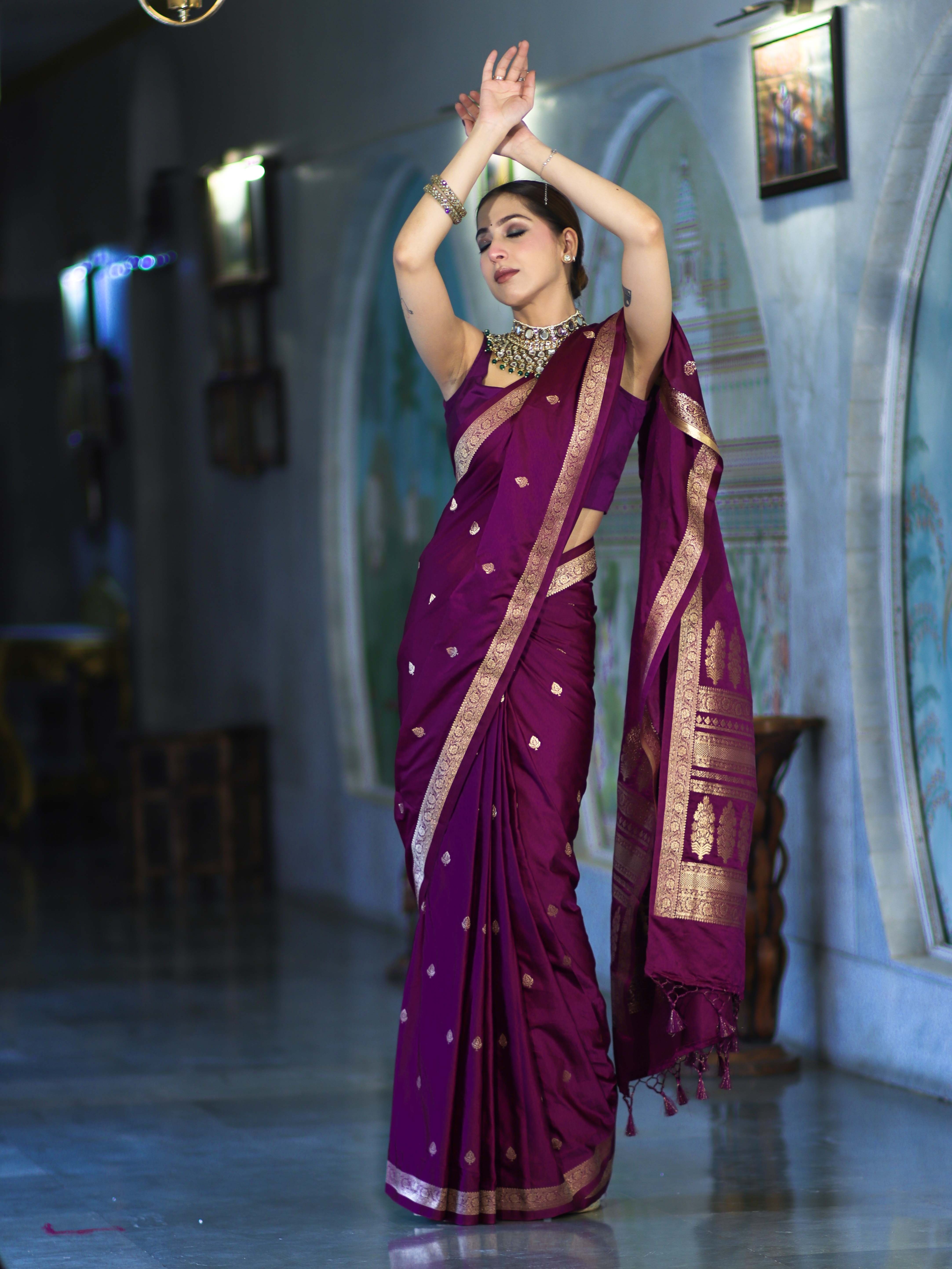 Banarasee Mashru Silk Saree With Zari Motifs & Floral Border-Deep Magenta