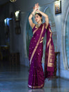 Banarasee Mashru Silk Saree With Zari Motifs & Floral Border-Deep Magenta