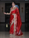 Banarasee Handloom Plain Tissue Saree With Zari Border & Lace-Red